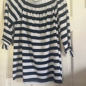 Ruby Ribbon Black and White Striped Off-Shoulder Top